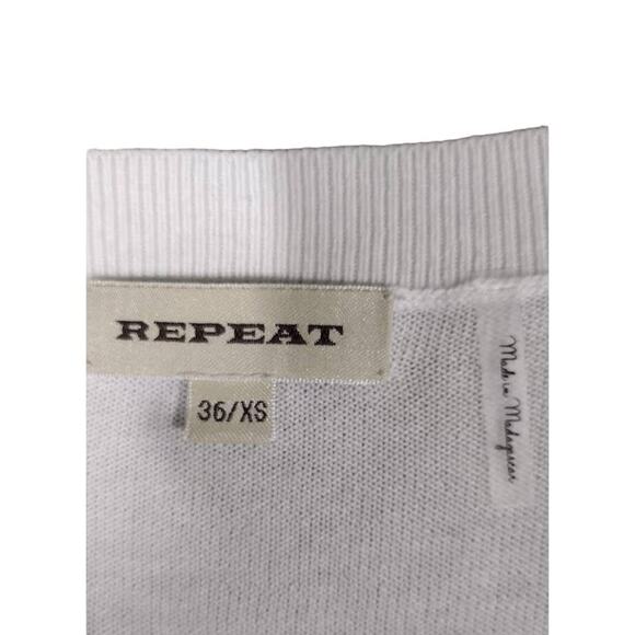 Repeat Lace Up Neck Long Sweater with 3/4 Sleeves, Cream, Size XS - Picture 5 of 7